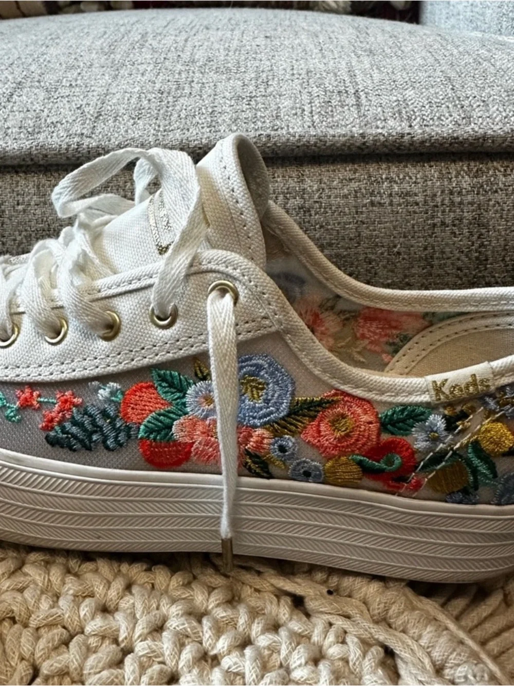 Keds Floral Embroidered Canvas Low-Top Sneakers in Cream 5.5